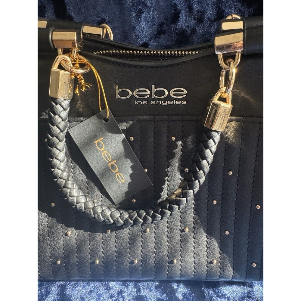 BEBE Purse  Womens Aliah Stud Shopper  Handbag Black double strap NWT